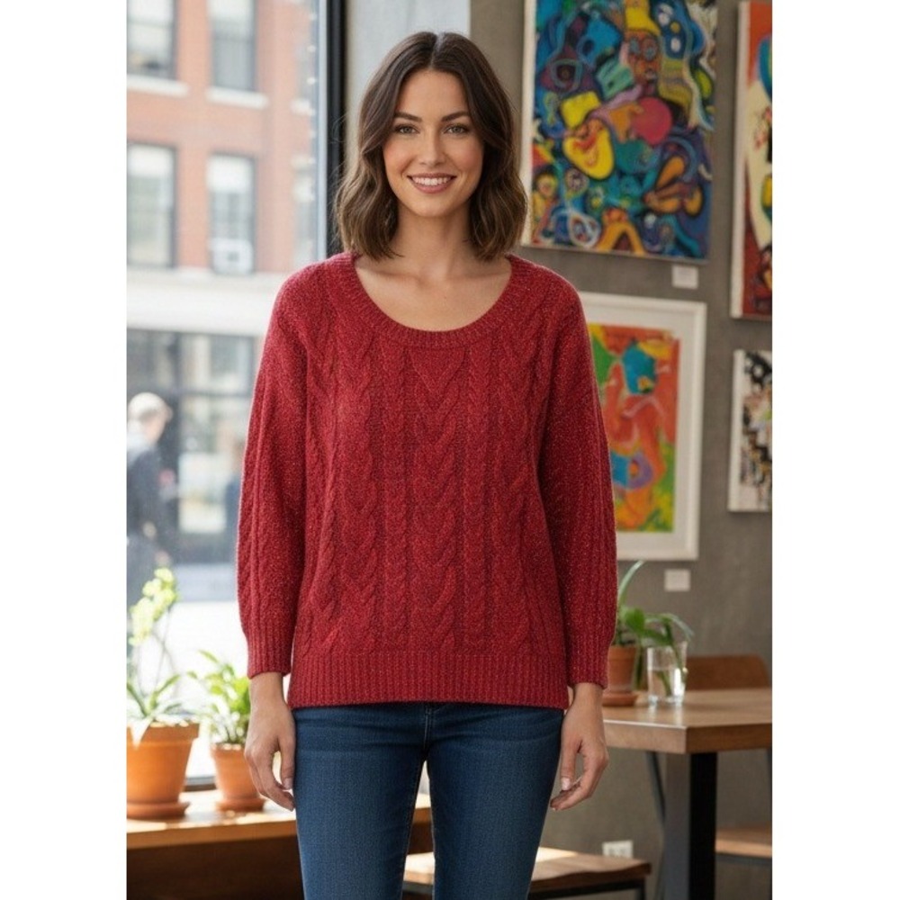 Athleta Crossroads Cable Knit Crew Sweater Women's 1X Red Metallic Merino Wool